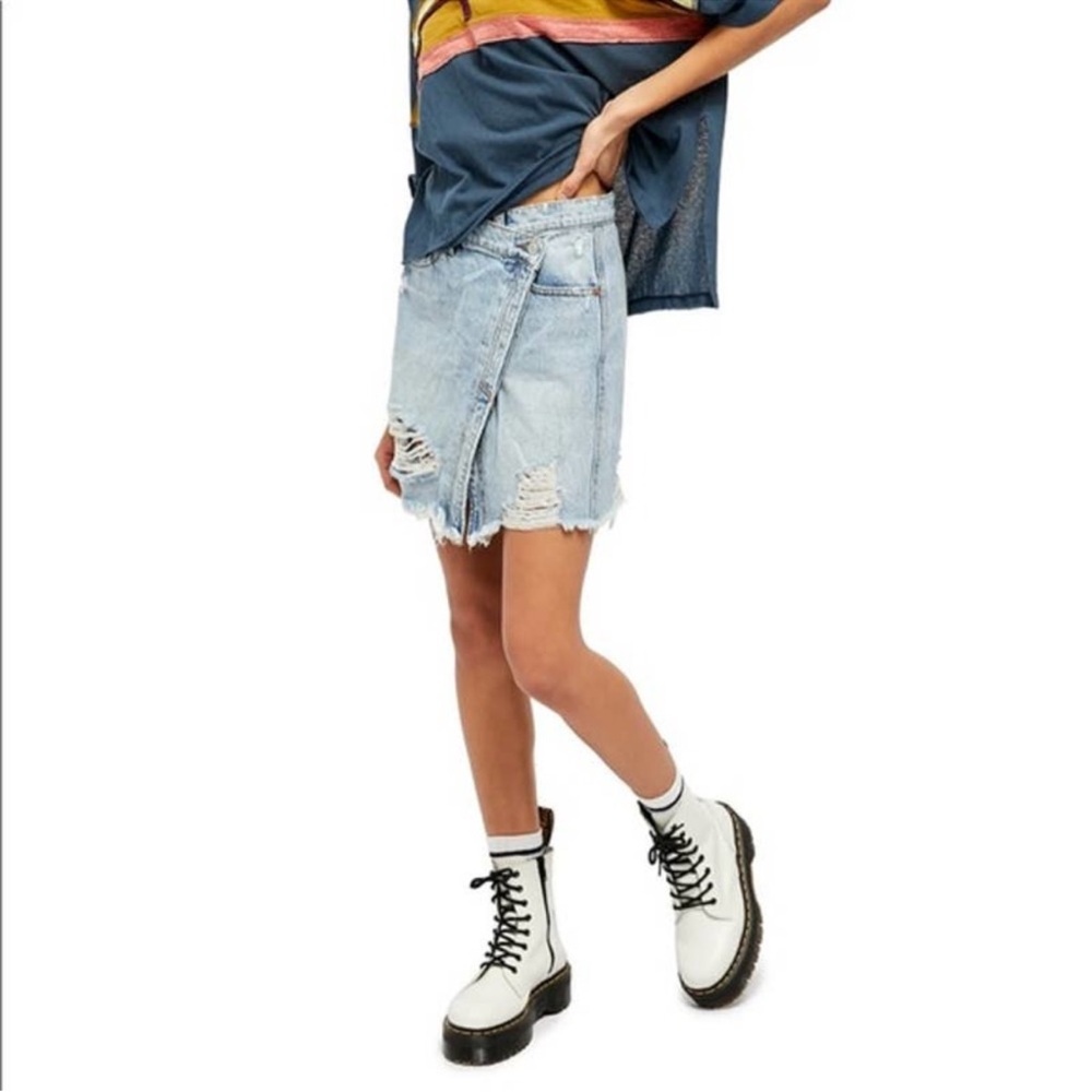 NWT Free People Surf’s Up Parker Wrap Skirt Denim Distressed 26